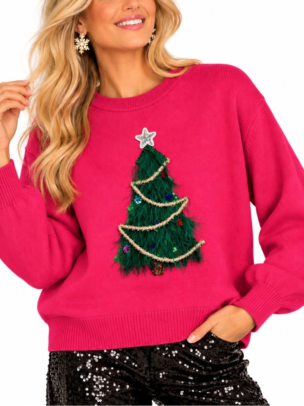 Queen of Sparkles Christmas Tree Sweater Pink M Feather Embellished Tinsel Party